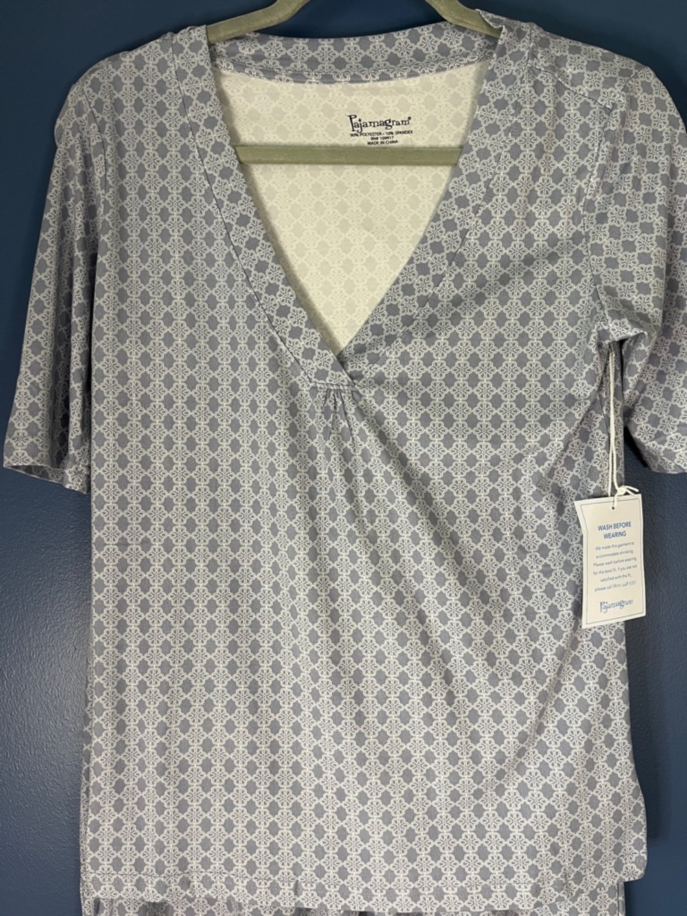 Pajamagram pajama top, "nude series" pale blue & white print, sm. BUTTERY soft,